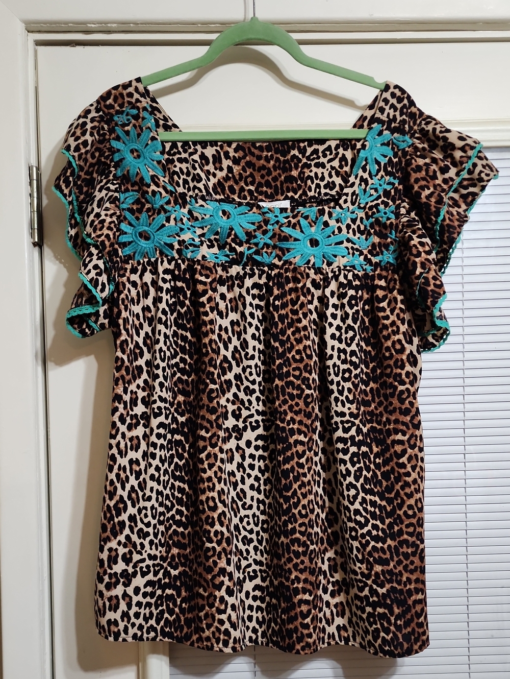 ODDY Leopard Print Top with Turquoise Floral Embroidery